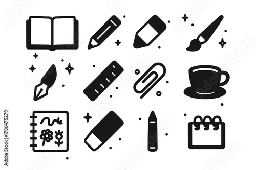 Creative Sketchbook Tools. Sketchbook. Solid icons set of Sketchbook: open sketchbook, pencil, eraser, paintbrush, ink pen, ruler, paper clip, coffee cup,