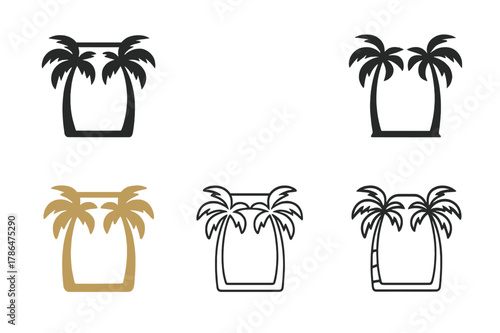 Tropical Logo Variations. Tropical palm tree decor for summer events. Set Logo of Tropical palm tree decor for summer events: beach photo booth frame with palm