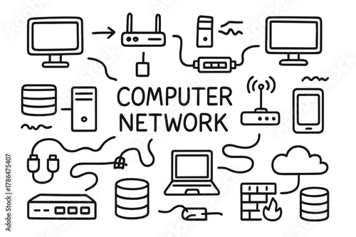 Network Components Doodle. Computer network illustration. Hand-drawn doodle illustration Computer network illustration, routers, servers, laptops, desktops,
