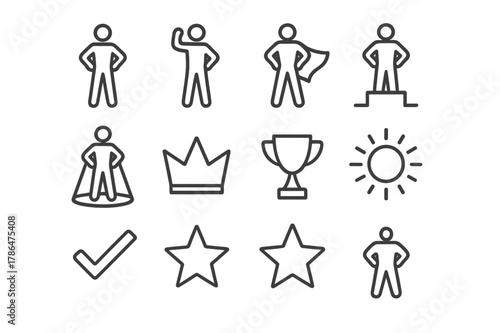 Power Stance Icons. Power stance. Line icon set of power stance: person standing tall, arms on hips, raised fist, confident stance, superhero silhouette,