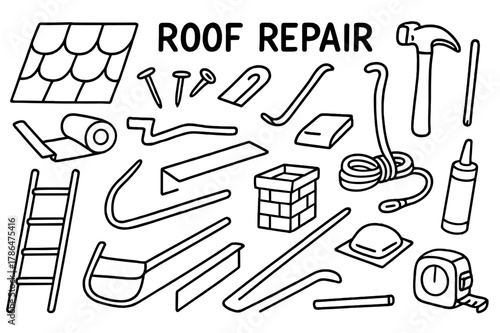 Roof Repair Tools. Roof repair. Hand-drawn doodle illustration roof repair shingles, roofing nails, hammer, pry bar, underlayment roll, flashing, gutter,
