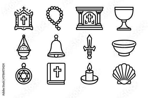 Ritual Icon Collection. Ritual and religious relics. Line icon set of ritual and religious relics: reliquary, prayer bead, altar fragment, chalice, incense