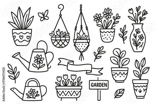 Decorative Planters Doodle. Decorative planters. Hand-drawn doodle illustration decorative planters patterned pots, hanging baskets, macrame holder, ceramic