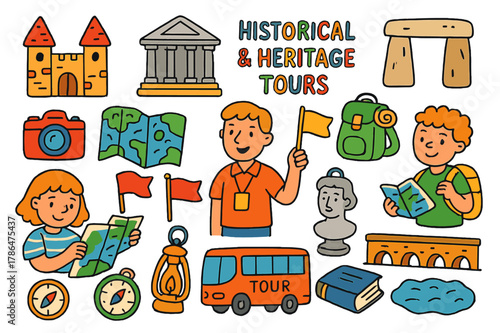 Heritage Tour Icons. historical and heritage tours. Colorful Hand-drawn doodle Children illustration historical and heritage tours castle, museum, ancient
