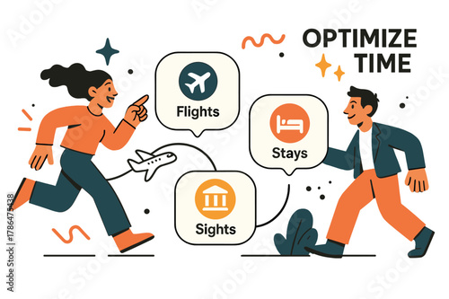 AI Trip Planner. AI Assistants ? Trip Planner. Cards for flights, stays, and sights snap into a smooth itinerary line; a tiny plane follows the path. Caption