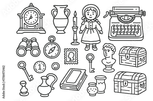 Antique Collectibles Icons. Antique collectibles. Hand-drawn doodle illustration antique collectibles clock, vase, candlestick, porcelain doll, typewriter,