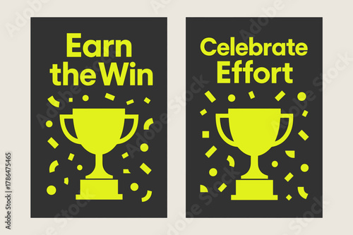 Bauhaus Victory Banners. Achievement. Two vertical A6 banners with safe margins, centered composition, no elements touching edges, bauhaus, charcoal and neon