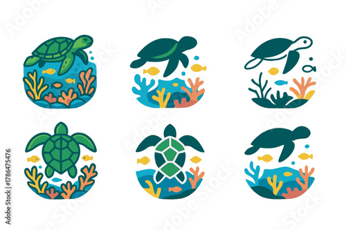 Coral Reef Icons. A vibrant coral reef teeming with colorful fish, sea turtles, and coral formations. Set Logo of A vibrant coral reef teeming with colorful