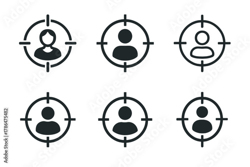 Harmonious Logo Variations. Audience in marketing. Set Logo of Audience in marketing: target symbol with user profile icon. Icon set. harmonious logo