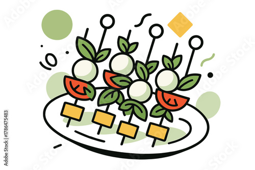 Abstract Caprese Presentation. Caprese Skewers. Caprese skewers on a serving plate with floating abstract geometric shapes and soft light accents, fresh and