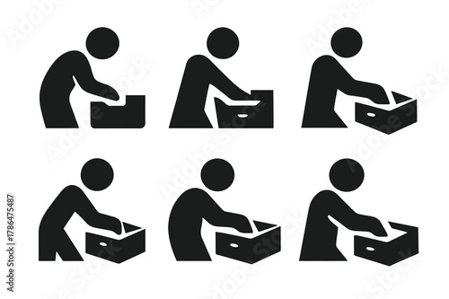 Drawer Organizing Icons. Cleaning Out a Drawer. Set Logo of Person Organizing: Filled silhouette, Abstract geometric, Negative space, Flat solid, Stylized
