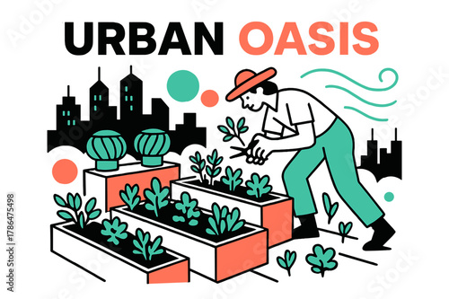 Urban Rooftop Oasis. Green infrastructure ? Rooftop gardens. City skyline hums as modular planters hover; a gardener snips herbs, wind lines swirl. ?URBAN
