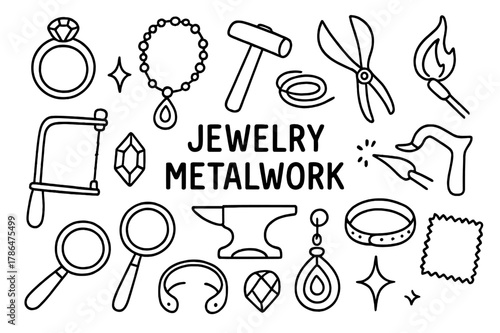 Jewelry Metalwork Tools. Jewelry metalwork. Hand-drawn doodle illustration jewelry metalwork ring, necklace, hammer, pliers, anvil, wire, pendant, gemstone,