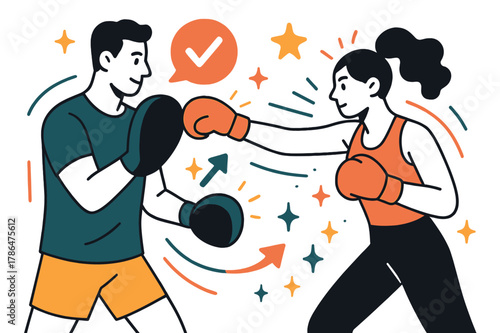 Dynamic Boxing Coaching. Fitness training and personal coaching. Trainer demonstrating boxing techniques with client; abstract floating icons, motion lines,