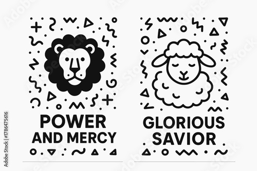 Lion and Lamb Banners. Lion and Lamb. Two vertical A6 banners with safe margins, centered composition, no elements touching edges, memphis, black and white,