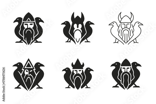 Mythical Deity Logos. Ancient gods and goddesses in a mystical landscape. Set Logo of Ancient gods and goddesses in a mystical landscape: Odin twin ravens.
