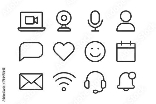 Video Call Icon Set. Video calls. Line outline icon set of video calls: laptop, webcam, microphone, person