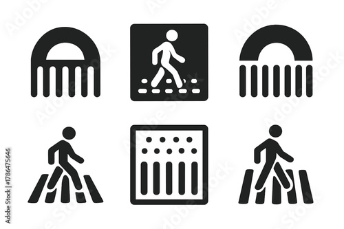 Tactile Paving Logos. Accessible transportation. Set Logo of tactile paving crosswalk: Symmetrical form, Negative space, Flat solid, Abstract geometric,