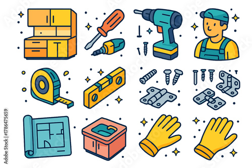 Kitchen Installation Icons. Kitchen installation. Colorful isometric vector icons set of kitchen installation: upper cabinets, lower cabinets, screwdriver,