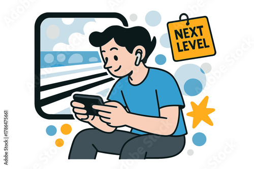 Gaming on the Train. Playing a mobile game on the go ? Cozy train window. Reflections and parallel tracks become abstract stripes as the player focuses. A soft