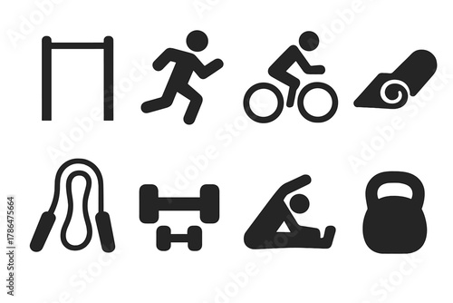 Park Workout Icons. Park Workout. Filled icon set of Park Workout: pull-up bar, running, cycling, yoga mat,