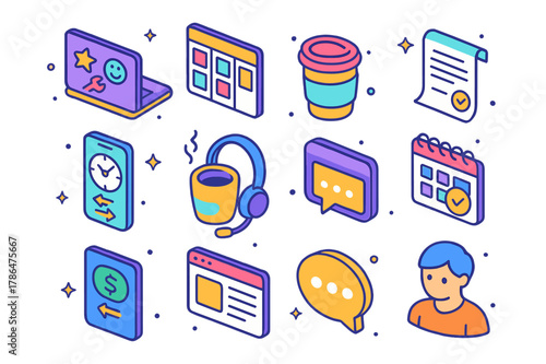 Freelancing Icon Set. Freelancing & Gig Economy. Colorful isometric vector icons set of Freelancing & Gig Economy: laptop with stickers, kanban task board,