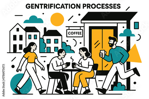 Chic Urban Coffee Scene. Gentrification Processes. People enjoying a trendy coffee shop in a renovated neighborhood with floating abstract geometric shapes,