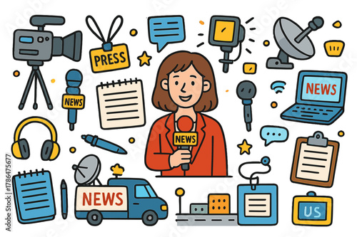 Colorful Journalism Icons. journalism coverage. Colorful Hand-drawn doodle Children illustration journalism coverage reporter, camera, microphone, tripod,