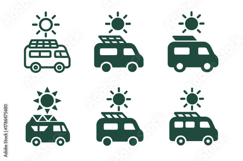 Sustainable Travel Logos. Ideas for sustainable travel. Set Logo of Ideas for sustainable travel: solar-powered camper van. Icon set. harmonious logo