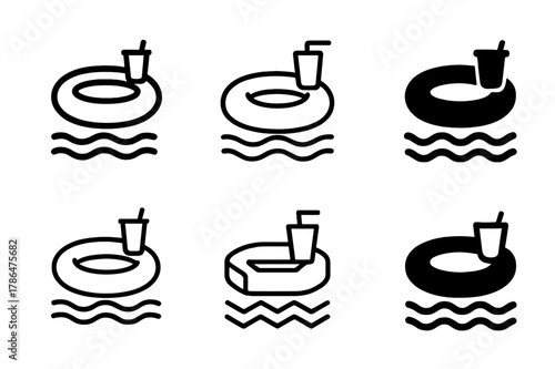 Inflatable Tube Logos. Floating on an inflatable. Set Logo of Floating on an inflatable: tube float with drink cup and waves. Icon set. harmonious logo
