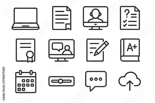 E-Learning Icon Set. Online education and e-learning platforms. Line icon set of e-learning: laptop, course module, video lecture, quiz, certificate,