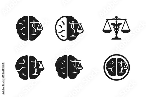 Brain-Illness Logos Grid. The connection between the brain and chronic illness. Icon set. Set Logo of The connection between the brain and chronic illness:
