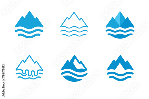 Melting Glaciers Icons. Melting glaciers. Icon set. Set Logo of melting glaciers: ice mountain dissolving into waves. harmonious logo variations of the same
