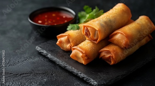 Fototapeta Naklejka Na Ścianę i Meble -  Freshly cooked spring rolls served on a black slate board. These flavorful treats are accompanied by a small dish of dipping sauce and garnished with parsley.