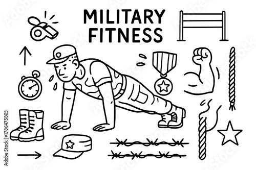 Military Fitness Icons. Military fitness. Hand-drawn doodle illustration military fitness soldier, push-up pose, whistle, stopwatch, boots, hat, obstacle