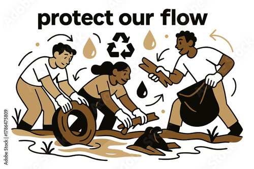 River Cleanup Volunteers. River Ecosystem ? River Cleanup. Volunteers lift debris with gloved hands; floating icons of recycling and water drops circle around.