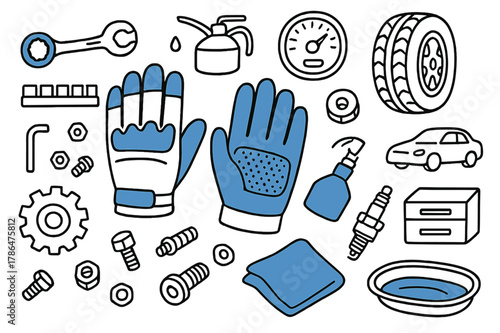 Mechanic Toolbox Doodle. // Mechanic gloves. Hand-drawn doodle illustration mechanic gloves [glove pair with grip pads (accented), ratchet wrench (accented),