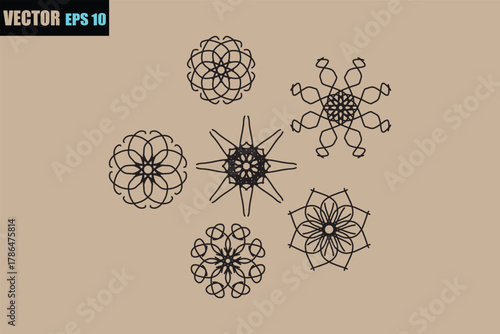 Intricate geometric ornaments and snowflakes in a circular arrangement on a neutral background