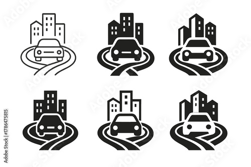 Urban Sprawl Logos. urban sprawl. Set Logo of urban sprawl: car-dependent road network. Icon set. harmonious logo variations of the same emblematic concept,
