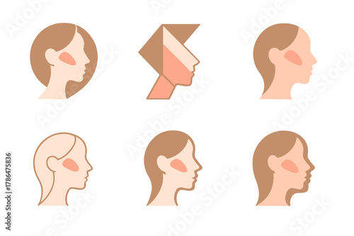 Harmonious Makeup Icons. Blush, highlighter, and bronzer trio. Set Logo of Blush, highlighter, and bronzer trio: face profile with highlighted cheek and temple