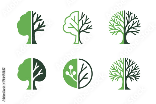 Climate Change Logos. Climate change effects. Set Logo of Climate change effects: tree half green, half barren. Icon set. harmonious logo variations of the