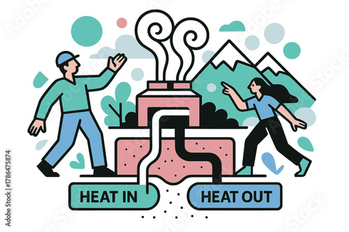 Geothermal Energy Dynamics. Geothermal Plant Loop. Steam plumes rise in tidy curls; cutaway pipes dive down and return with a ?Heat In / Heat Out? label.