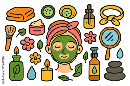 Colorful Facial Care Doodles. facial care. Colorful Hand-drawn doodle Children illustration facial care face mask, cucumber slices, headband, towel, cream jar,