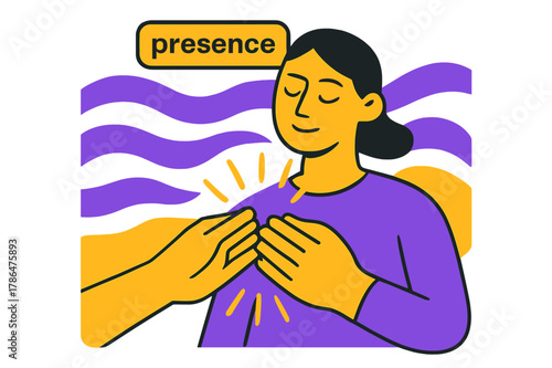 Healing Touch Illustration. Touch-Based Healing. Two hands meet at the sternum, simple outlines radiate warmth lines outward. A floating tag says ?presence.?