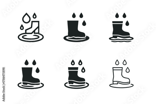 Rainy Mood Logo Set. Rainy mood illustration. Set Logo of Rainy mood illustration: rain boots stepping in puddle. Icon set. harmonious logo variations of the