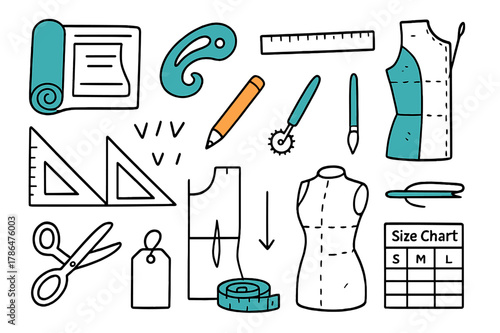 Pattern Drafting Tools. // Pattern drafting. Hand-drawn doodle illustration pattern drafting [pattern paper roll (accented), French curve (accented), ruler,