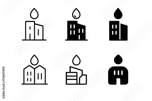 Eco Building Icons. Designing buildings with water conservation in mind. Icon set. Set Logo of eco-building design: drip irrigation feature. harmonious logo