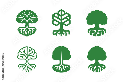 Nature Therapy Logos. Nature-based therapies for mental health. Set Logo of Nature-based therapies for mental health: tree with intertwined brain roots. Icon