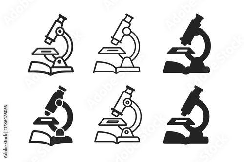 Science Experiment Icons. Teaching science experiments in schools. Icon set. Set Logo of teaching science experiments in schools: microscope with prepared