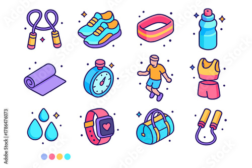 Colorful Fitness Icons. Exercise routine. Colorful isometric vector icons set of exercise routine: skipping rope, sneakers, sweatband, water bottle, gym mat,